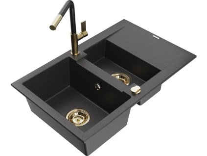 MEXEN/S - Gaspar granitový dřez 1.5 s odkapávačem včetně baterie Flora, černá kropenatá 6507-76-670401-75-G
