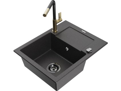 MEXEN/S - Enzo granitový dřez 1-miska s odkapávačem včetně baterie Flora, černá kropenatá 6506-76-670401-75-B