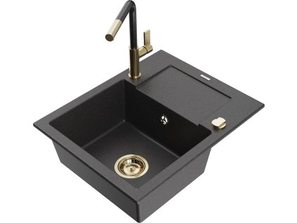 MEXEN/S - Enzo granitový dřez 1-miska s odkapávačem včetně baterie Flora, černá kropenatá 6506-76-670401-75-G