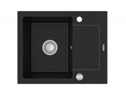 MEXEN - Enzo granitový dřez 1-mísa dřez s vypouštěním krátký odkapávač 576x465 mm, černá / stříbrná metalíza 6506571005-73