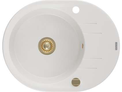 MEXEN/S - Kevin granitový dřez 1 s odkapávačem 586x458 mm, bílá, + zlatý sifon 6517581005-20-G