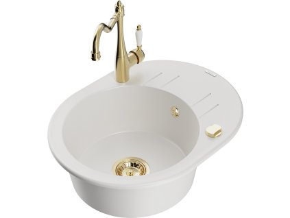 MEXEN/S - Kevin granitový dřez 1-miska s odkapávačem včetně baterie Carla, bílá 6517-20-670700-50