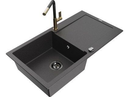 MEXEN/S - Leo granitový dřez 1 s odkapávačem včetně baterie Flora, černá kropenatá 6501-76-670401-75-B
