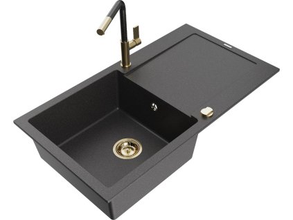 MEXEN/S - Leo granitový dřez 1 s odkapávačem včetně baterie Flora, černá kropenatá 6501-76-670401-75-G