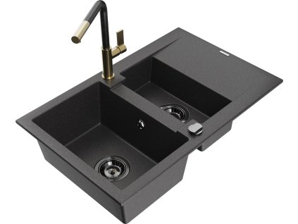 MEXEN/S - Gaspar granitový dřez 1.5 s odkapávačem včetně baterie Flora, černá kropenatá 6507-76-670401-75-B