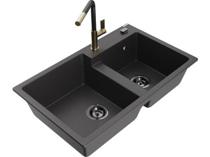 MEXEN/S - Tomas granitový dřez 2-bowl včetně baterie Flora, černá kropenatá 6516-76-670401-75-B
