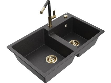 MEXEN/S - Tomas granitový dřez 2-bowl včetně baterie Flora, černá kropenatá 6516-76-670401-75-G