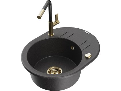 MEXEN/S - Kevin granitový dřez 1-miska s odkapávačem včetně baterie Flora, černá kropenatá 6517-76-670401-75-G