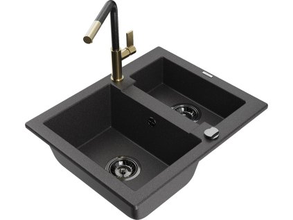 MEXEN/S - Carlos granitový dřez 1.5 včetně baterie Flora, černá kropenatá 6518-76-670401-75-B