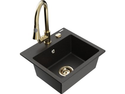 MEXEN/S - Milo granitový dřez 1-miska včetně baterie Elia, černá/zlatá metalik 6505-75-670101-50
