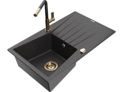 MEXEN/S - Cesar granitový dřez 1-miska s odkapávačem včetně baterie Flora, černá kropenatá 6514-76-670401-75-G
