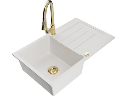 MEXEN/S - Bruno granitový dřez 1 s odkapávačem včetně baterie Elia, bílá 6513-20-670101-50