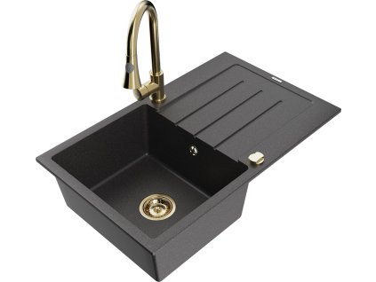MEXEN/S - Bruno granitový dřez 1 s odkapávačem včetně baterie Elia, černá kropenatá 6513-76-670101-50