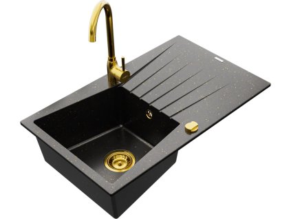 MEXEN/S - Cesar granitový dřez 1 s odkapávačem včetně baterie Telma, černá/zlatý 6514-75-670200-50