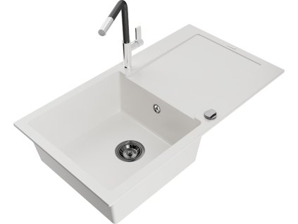 MEXEN/S - Leo granitový dřez 1 s odkapávačem včetně baterie Flora, bílá 6501-20-670401-07-B