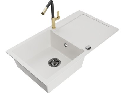 MEXEN/S - Leo granitový dřez 1 s odkapávačem včetně baterie Flora, bílá 6501-20-670401-57-B