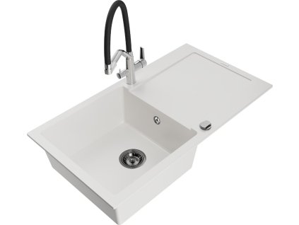 MEXEN/S - Leo granitový dřez 1-miska s odkapávačem včetně baterie Duo, bílá 6501-20-671701-07-B