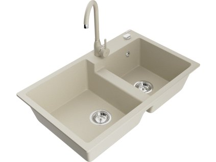 MEXEN/S - Tomas granitový dřez 2-bowl včetně baterie Telma, béžová 6516-69-670200-69