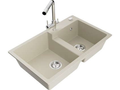 MEXEN/S - Tomas granitový dřez 2-bowl včetně baterie Duero, béžová 6516-69-671600-00