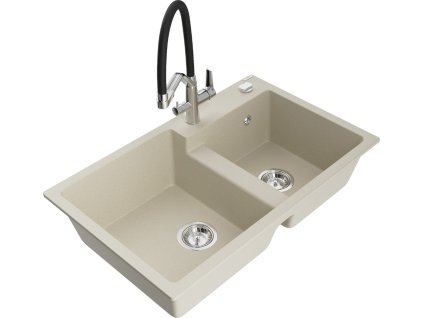 MEXEN/S - Tomas granitový dřez 2-bowly včetně baterie Duo, béžová 6516-69-671701-07