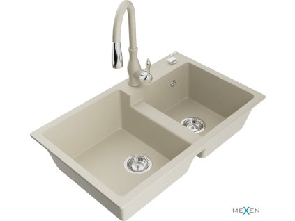 MEXEN/S - Tomas granitový dřez 2-bowl včetně baterie Savita, béžová 6516-69-672601-69