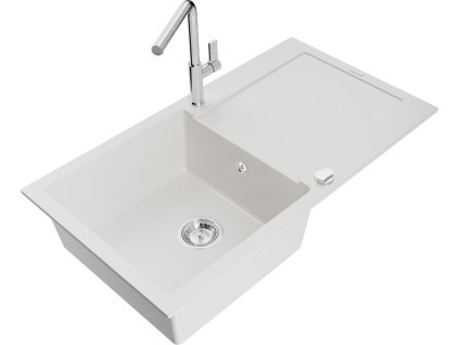 MEXEN/S - Leo granitový dřez 1 s odkapávačem včetně baterie Flora, bílá 6501-20-670401-00