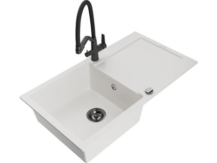 MEXEN/S - Leo granitový dřez 1-miska s odkapávačem včetně baterie Duo, bílá 6501-20-671701-70-B