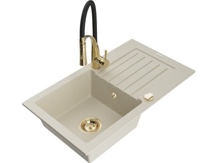 MEXEN/S - Pablo granitový dřez s odkapávačem včetně baterie Aster, béžová 6510-69-73450-57-G