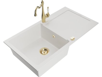 MEXEN/S - Leo granitový dřez 1 s odkapávačem včetně baterie Carla, bílá 6501-20-670700-50