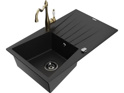 MEXEN/S - Cesar granitový dřez 1-miska s odkapávačem včetně baterie Carla, černá 6514-77-670700-50-B