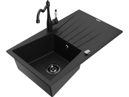 MEXEN/S - Cesar granitový dřez 1-miska s odkapávačem včetně baterie Carla, černá 6514-77-670700-70-B
