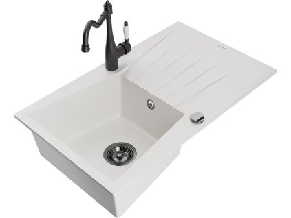 MEXEN/S - Cesar granitový dřez 1-miska s odkapávačem včetně baterie Carla, bílá 6514-20-670700-70