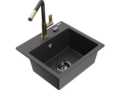 MEXEN/S - Milo granitový dřez 1-miska včetně baterie Flora, černá kropenatá 6505-76-670401-57-B