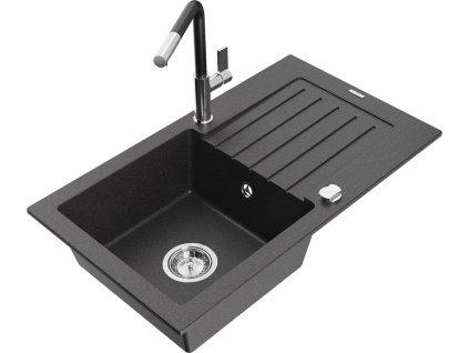 MEXEN/S - Pablo granitový dřez 1 s odkapávačem včetně baterie Flora, černá kropenatá 6510-76-670401-07