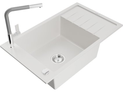 MEXEN/S - Elias granitový dřez 1 s odkapávačem včetně baterie Flora, bílá 6511-20-670401-06