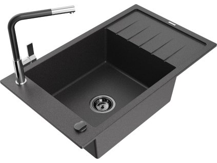 MEXEN/S - Elias granitový dřez 1 s odkapávačem včetně baterie Flora, černá kropenatá 6511-76-670401-07-B