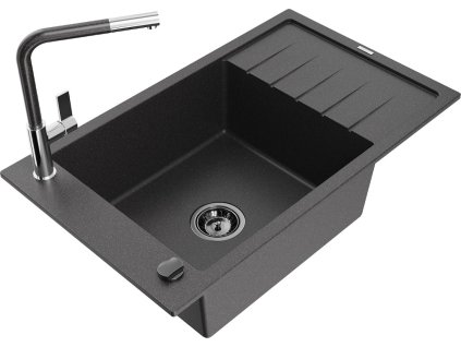 MEXEN/S - Elias granitový dřez 1 s odkapávačem včetně baterie Flora, černá kropenatá 6511-76-670401-08-B