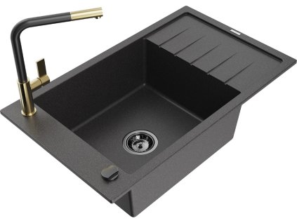 MEXEN/S - Elias granitový dřez 1 s odkapávačem včetně baterie Flora, černá kropenatá 6511-76-670401-57-B