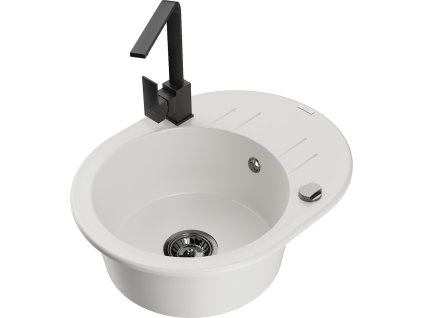 MEXEN/S - Kevin granitový dřez s odkapávačem včetně baterie Rita, bílá 6517-20-670300-70