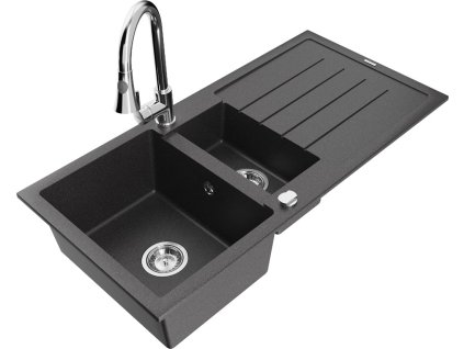 MEXEN/S - Andres granitový dřez s odkapávačem včetně baterie Elia, černá nakrapiany 6515-76-670101-00