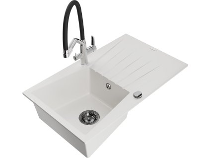 MEXEN/S - Cesar granitový dřez s odkapávačem včetně baterie Duo, bílá 6514-20-671701-07-B