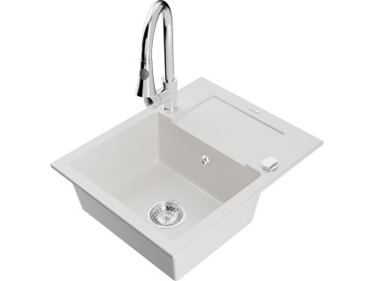 MEXEN/S - Enzo granitový dřez 1 s odkapávačem včetně baterie Elia, bílá 6506-20-670101-00