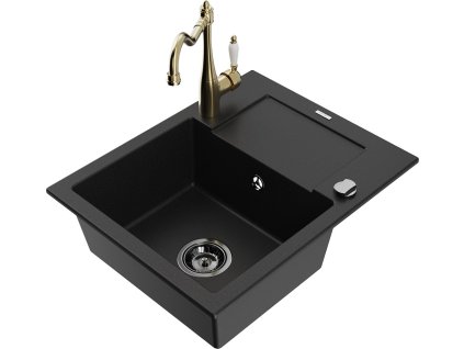 MEXEN/S - Enzo granitový dřez 1 s odkapávačem včetně baterie Carla, černá 6506-77-670700-50-B