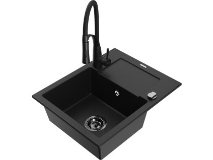 MEXEN/S - Enzo granitový dřez 1 s odkapávačem včetně baterie Aster, černá 6506-77-73450-70-B