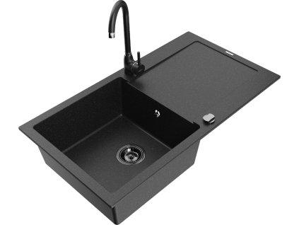 MEXEN/S - Leo granitový dřez s odkapávačem včetně baterie Telma, černá/stříbrná metalik 6501-73-670200-70-B