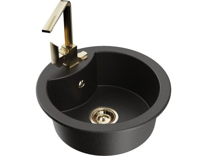 MEXEN/S - Diego granitový dřez 1-miska včetně baterie Rita, černý/zlatý metalik 6512-75-670300-50