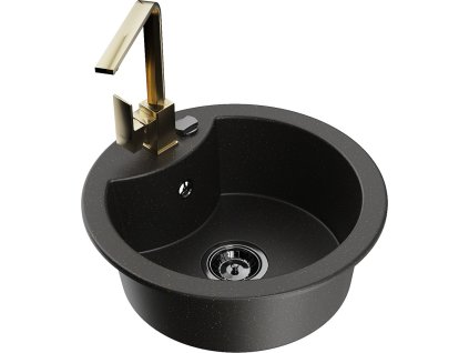 MEXEN/S - Diego granitový dřez 1-miska včetně baterie Rita, černý/zlatý metalik 6512-75-670300-50-B