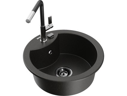 MEXEN/S - Diego granitový dřez 1-miska včetně baterie Flora, černá/zlatá metalik 6512-75-670401-07-B