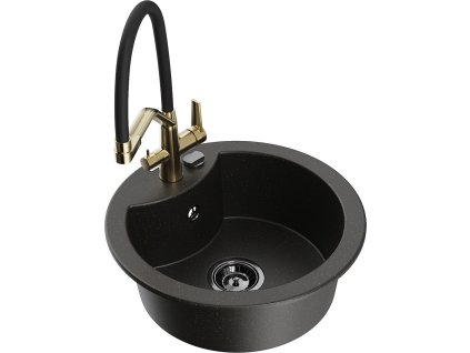 MEXEN/S - Diego granitový dřez 1-miska včetně baterie Duo, černá/zlatá metalik 6512-75-671701-57-B