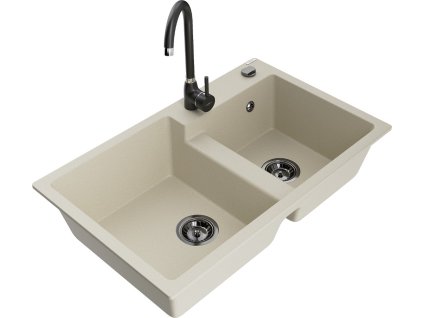 MEXEN/S - Tomas granitový dřez 2-bowl včetně baterie Telma, béžová 6516-69-670200-70